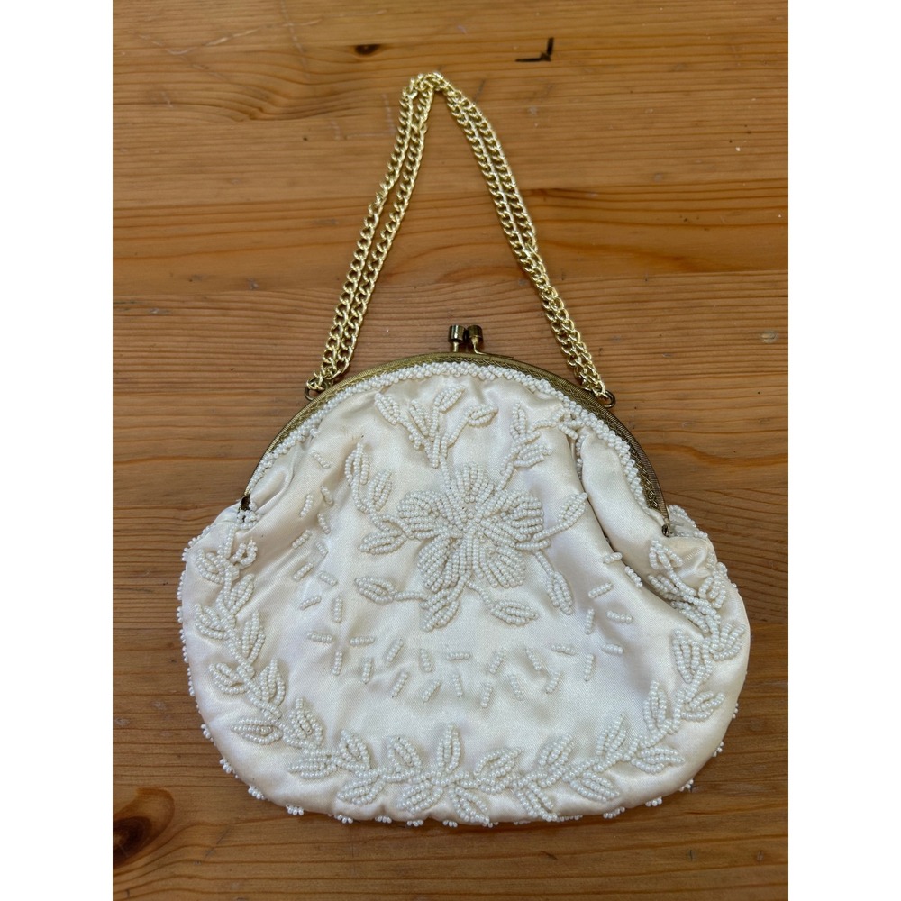 Vintage Hand Beaded Floral Satin Evening Bag Cream Gold Chain Wedding Evening